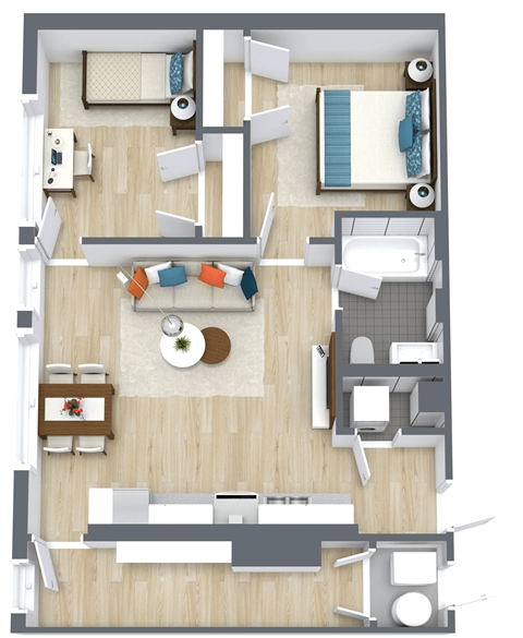 A top-down view of a small apartment with a kitchen, living room, and bedroom.